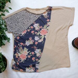 Lovely J Women's Medium Blouse Floral Cheetah Print Color Block